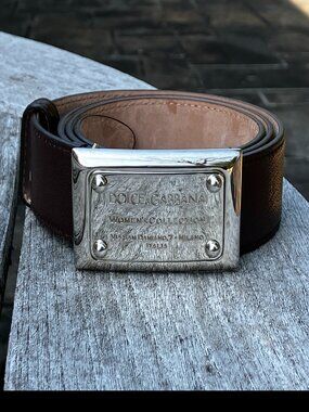 💯Authentic Dolce & Gabbana Leather Belt with Silver-Tone Buckle